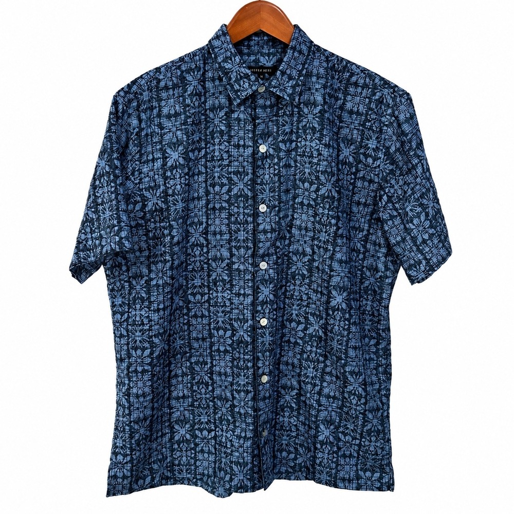 Van Heusen Mens Blue Geometric Floral Tile Print Short Sleeve Button Down M